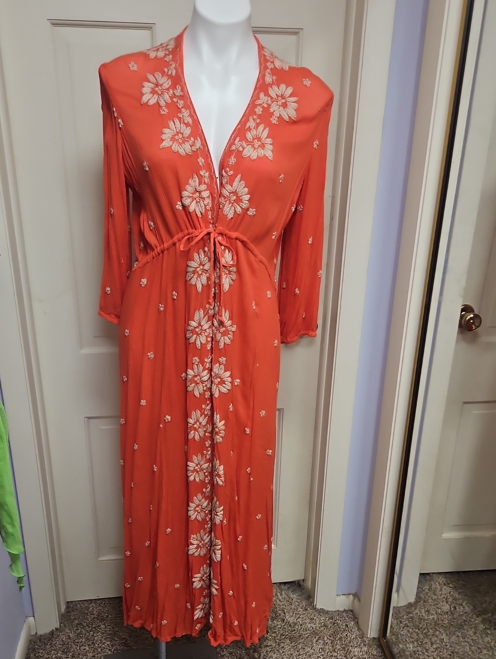Free People Autumn Orange Floral Embroidered Maxi Dress with Tie Waist